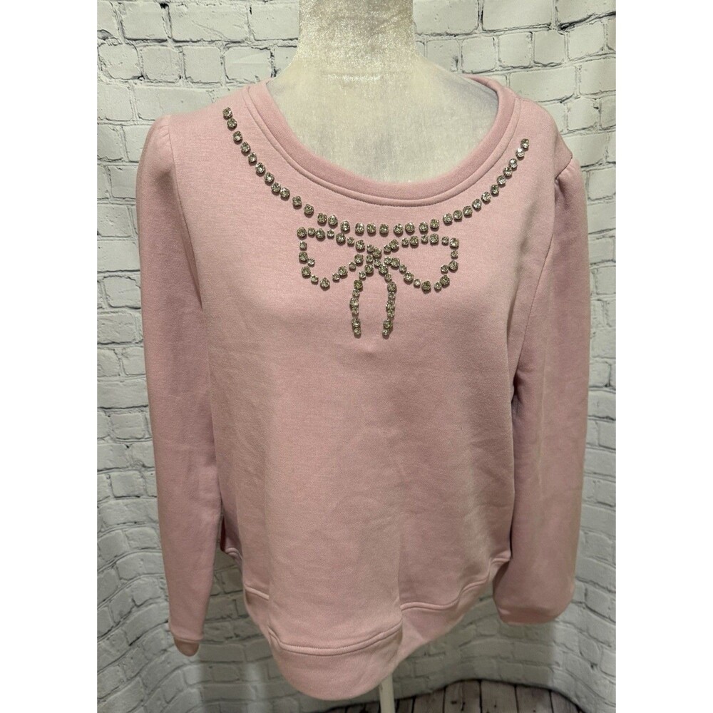 Kathy Ireland Pink Sweatshirt with Rhinestone-Embellished Bow Cotton Blend XL